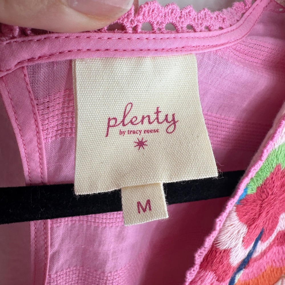 Plenty by Tracy Reese Embroidered Babydoll Blouse Pink Flutter Sleeve Top Medium - Picture 6 of 8